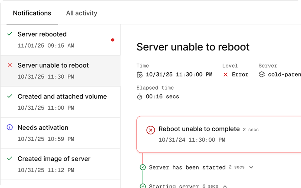 The redesigned notifications inbox next to a full event detail view