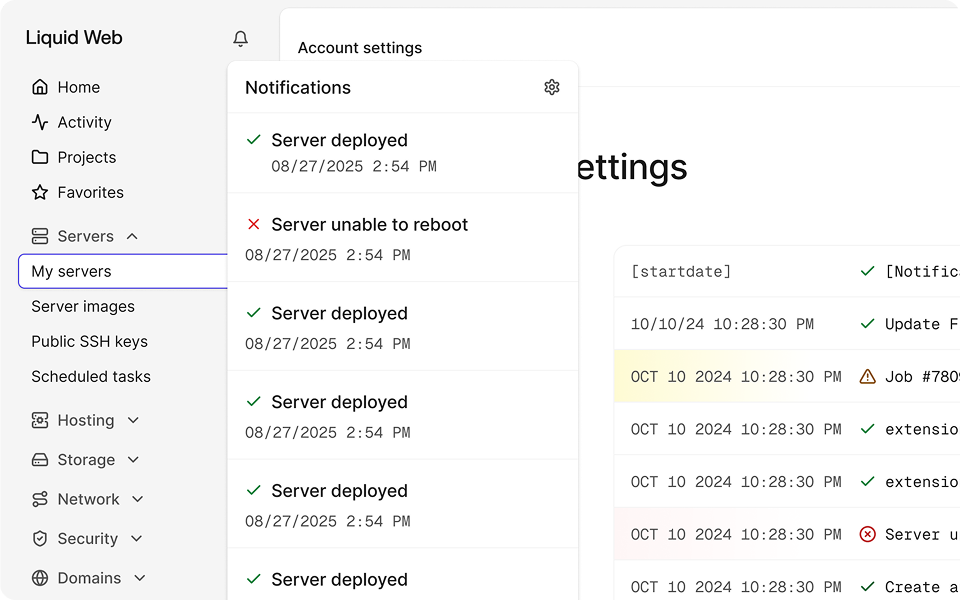 The old account settings page, listing notifications in a plain table